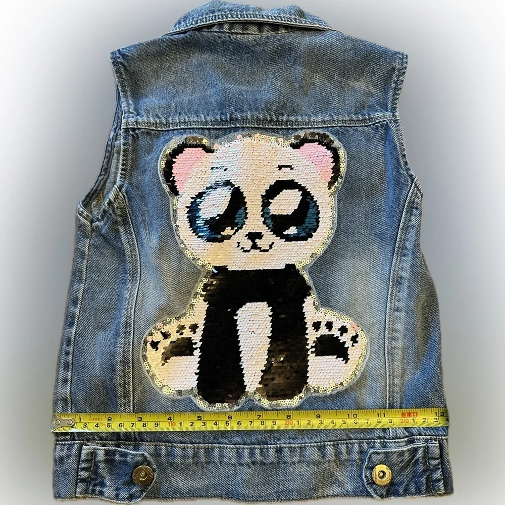 Sequin Panda Denim Vest Girls Size Small